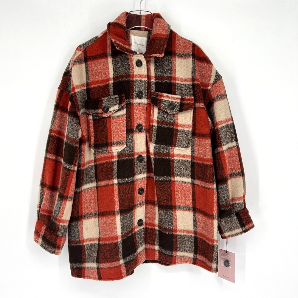 Avec Les Filles Shacket Flannel Womens L Orange Plaid Western Jacket‎ Country